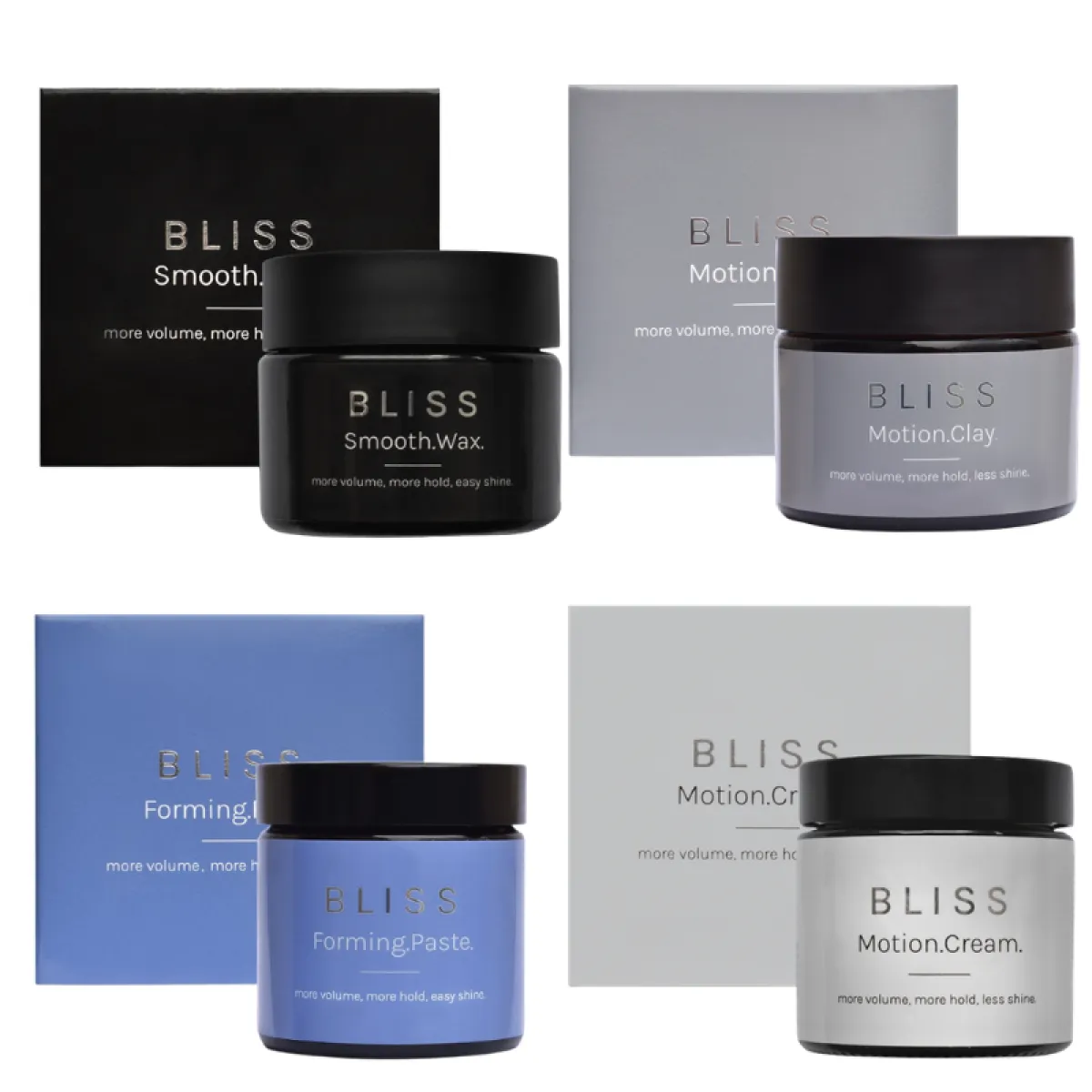 Bliss - ZESTAW - 4 pasty Forming 60g, Motion Clay 51g, Motion Cream  60g, Smooth Wax 51g + wlepki