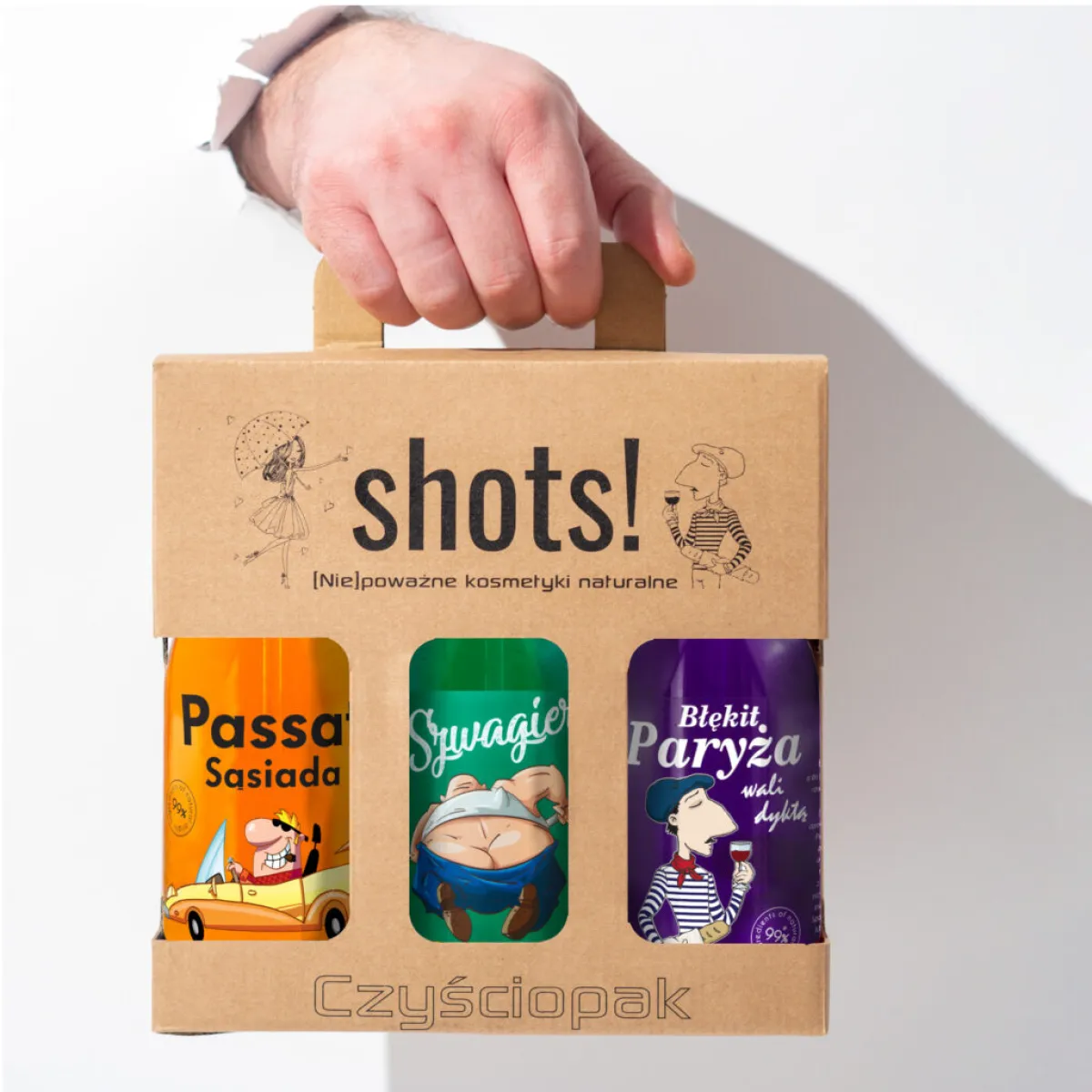LaQ - Shots! Czyściopak MĘSKI 3x żel 500ml: Passat Sąsiada, Szwagier, Błękit Paryża
