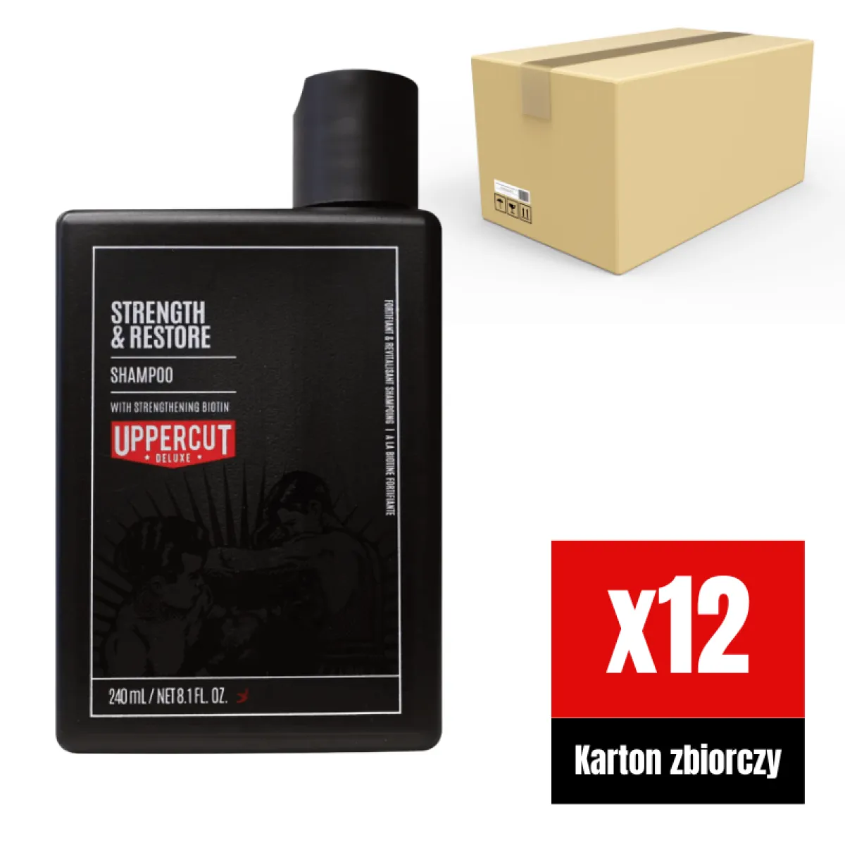 Uppercut Deluxe - Strength & Restore - Szampon do włosów z biotyną i kofeiną, do codziennej pielęgnacji KARTON 12x240ml