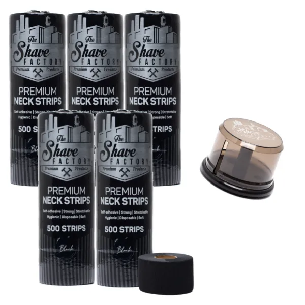 The Shave Factory - Premium Black Neck Strip - 5x Kołnierzyki fryzjerskie w czarnym kolorze + Podajnik - Pakiet