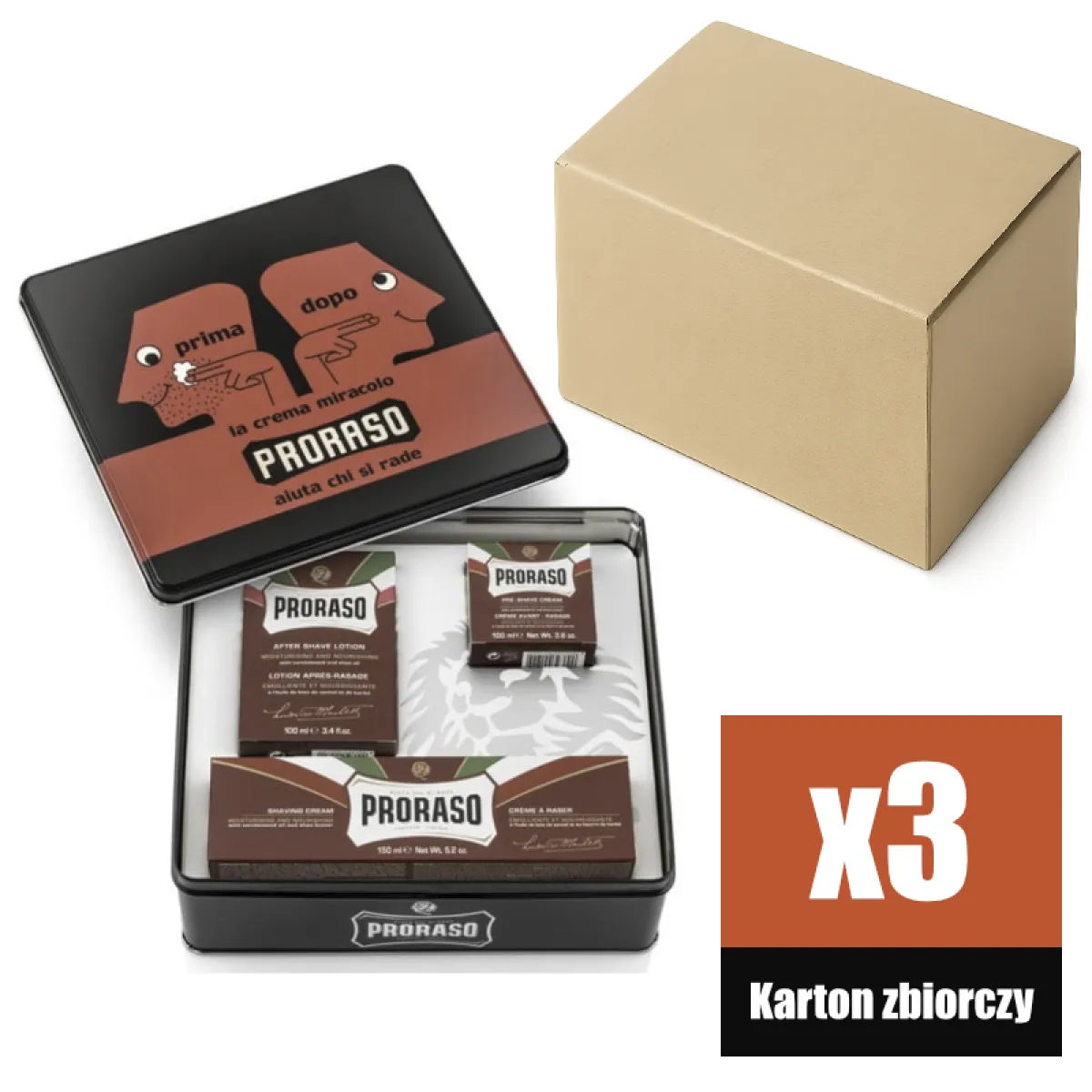 Proraso - Coarse Beards, linia Czerwona - Prima Dopo Vintage Selection, Zestaw do golenia, na prezent w metalowej puszce KARTON 3 sz.