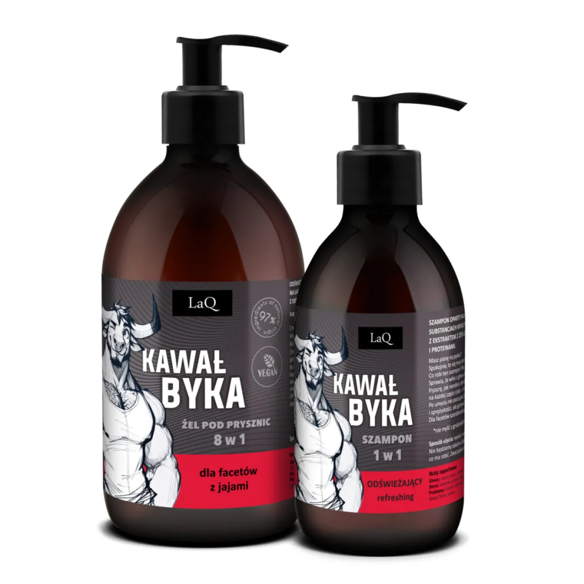 LaQ - Zestaw KAWAŁ BYKA czarny: żel 500ml, szampon 300ml (wkładka)
