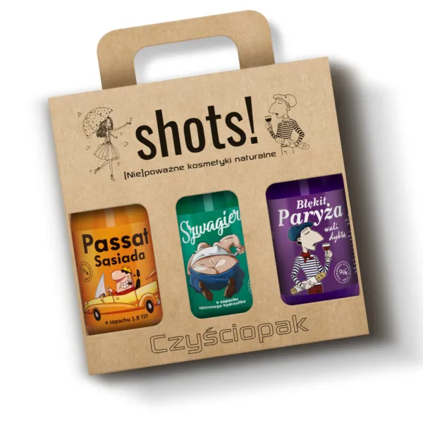 LaQ - Shots! Czyściopak MĘSKI 3x żel 500ml: Passat Sąsiada, Szwagier, Błękit Paryża