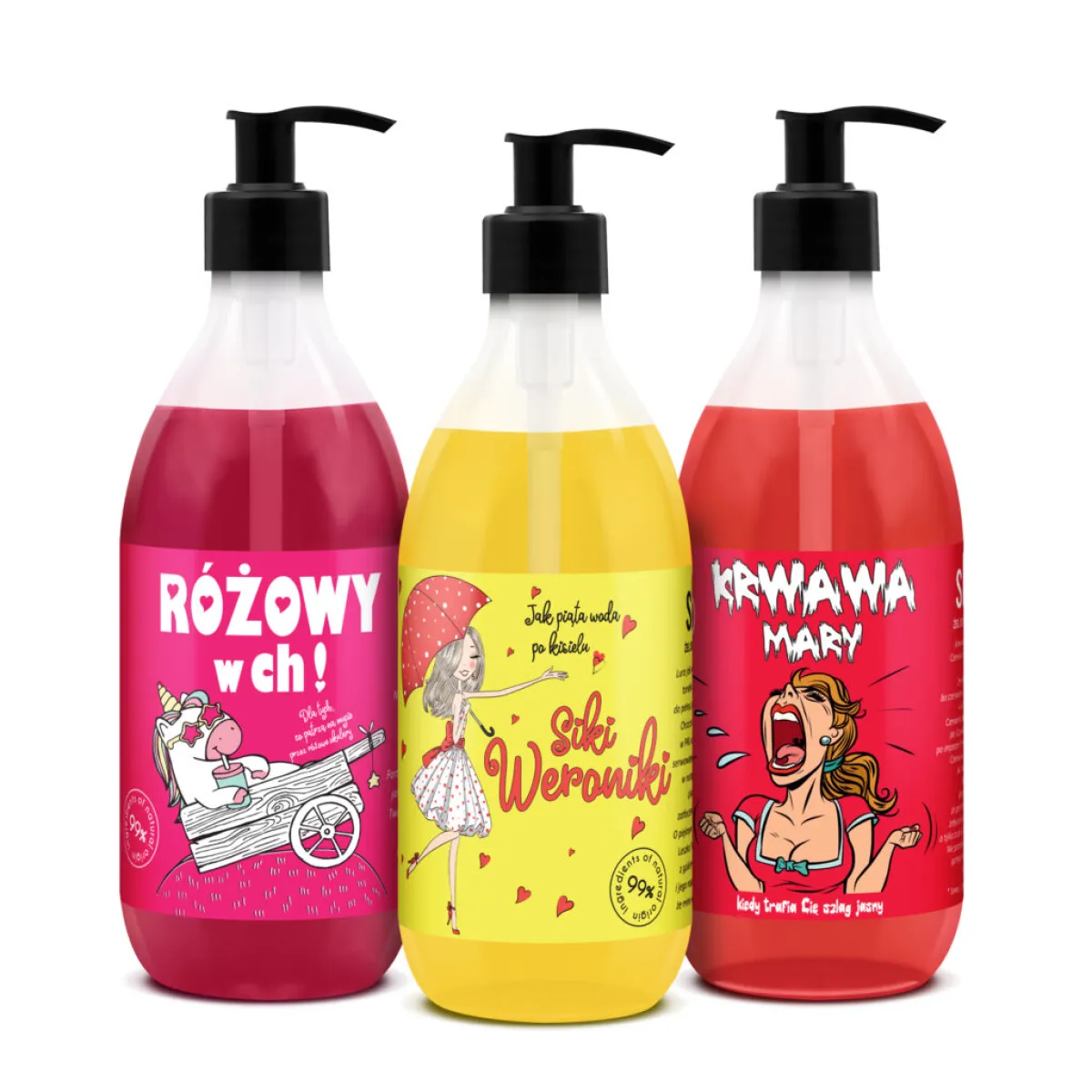 LaQ - Shots! Czyściopak DAMSKI 3x żel 500ml: Różowy w ch!, Siki Weroniki, Krwawa Mary