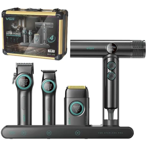 VGR - Stepless PRO 4 in 1 - Zestaw maszynka, trymer, golarka i suszarka 4w1