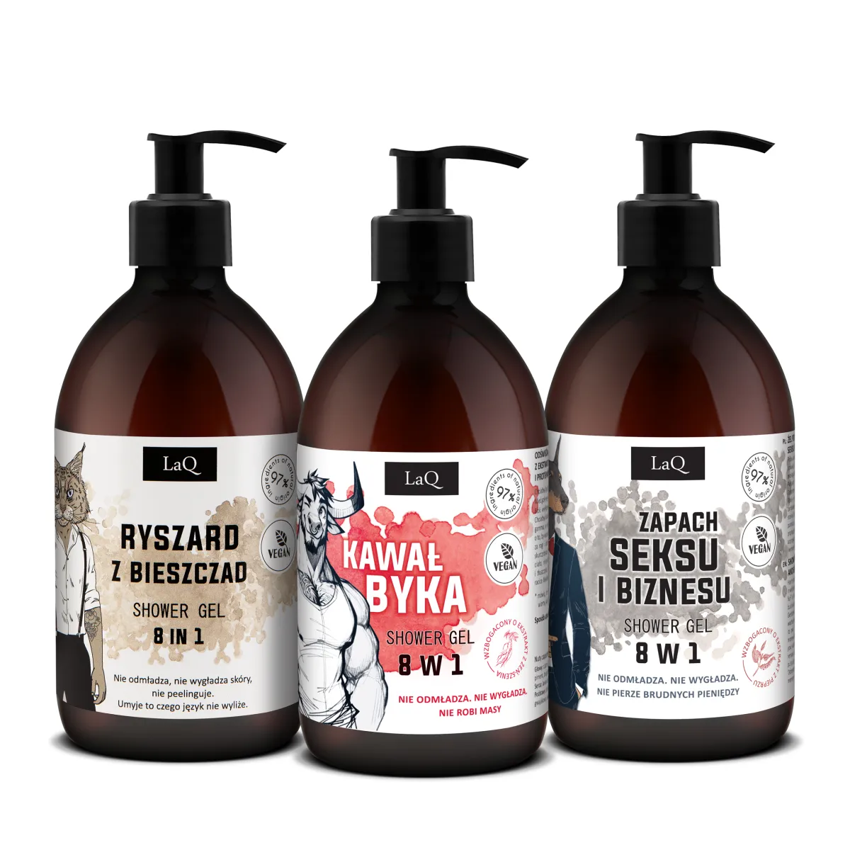 LaQ - Czyściopak dla Facetów, Doberman, Ryszard, Kawał Byka  - Zestaw na prezent, żel pod prysznic 3x500ml - Zestaw